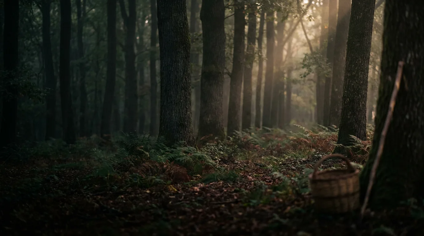 A lush, misty Italian oak forest at dawn with golden sunlight filtering through the dense canopy