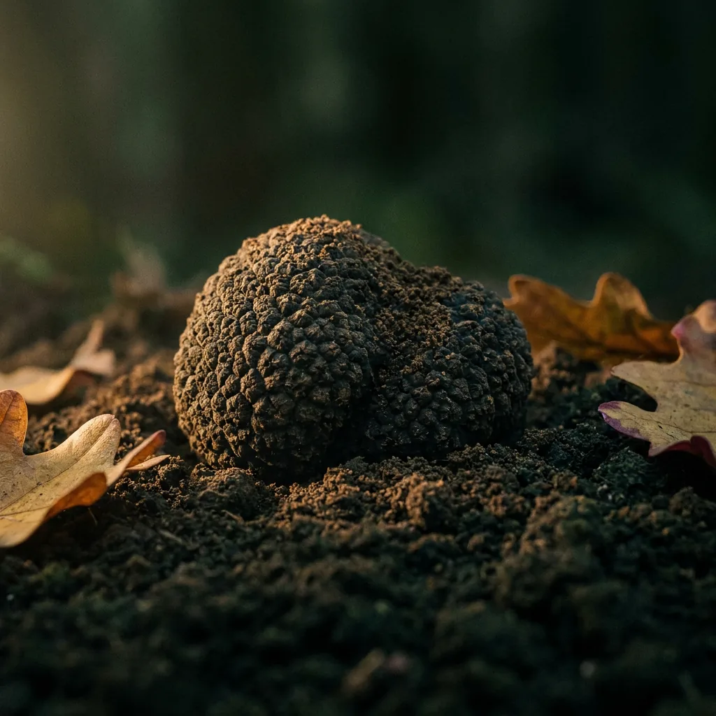 A black truffle resting on dark forest soil among fallen oak leaves