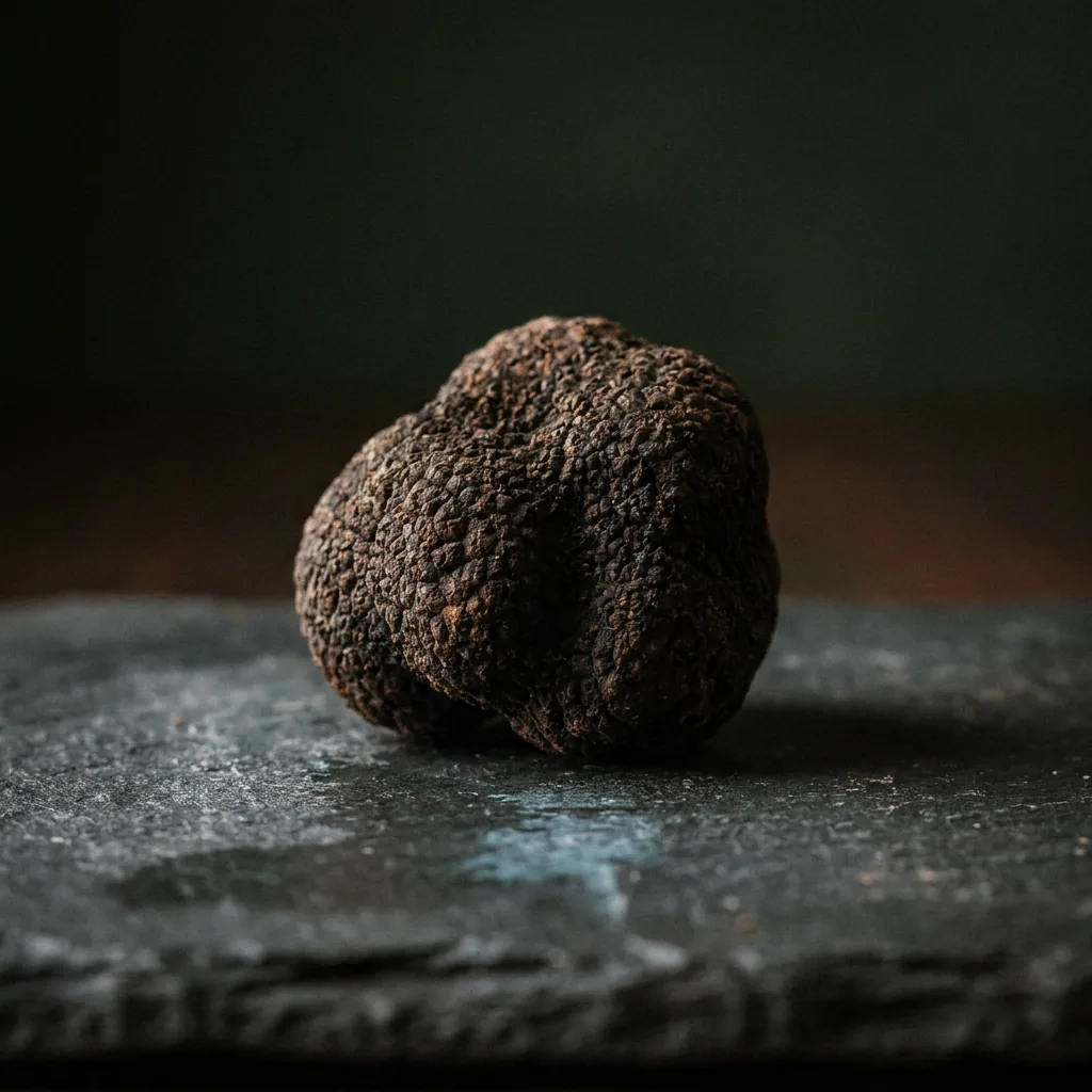 Close-up of a black truffle on a slate surface showing its warty peridium