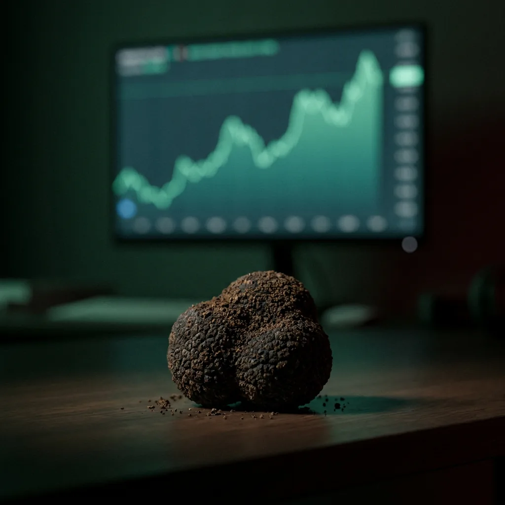 A black truffle on a desk in front of a screen showing a rising price chart